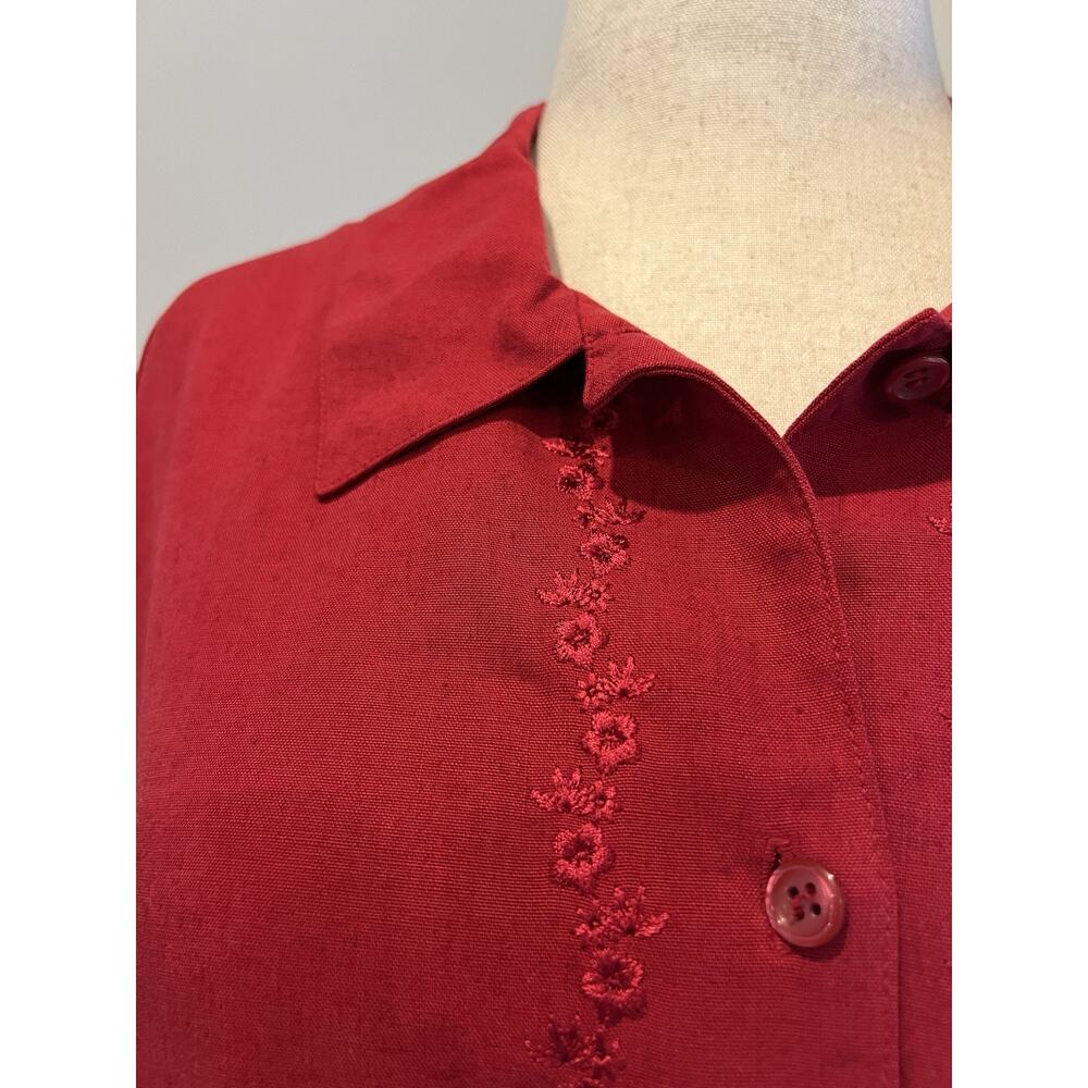 TALBOTS 18 Women Red Top Blouse Shirt Floral Embroidered Button Down Linen Blend - Picture 2 of 8